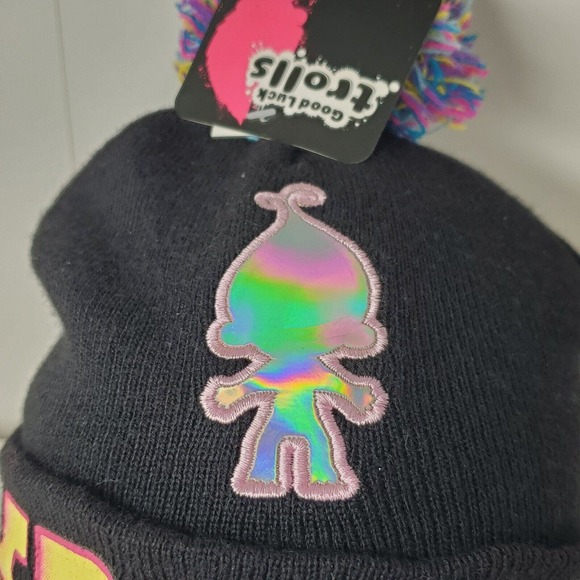 Troll Beanie Knit Hat Skullcap w/ Pom Pom Black Multi-Color NEW Trolls Winter - Picture 2 of 10